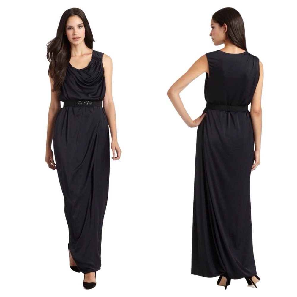 BCBG DK Navy (JUF6K316) Belted Satin Sleeveless Long Dress Size 8 ($338) NWOT